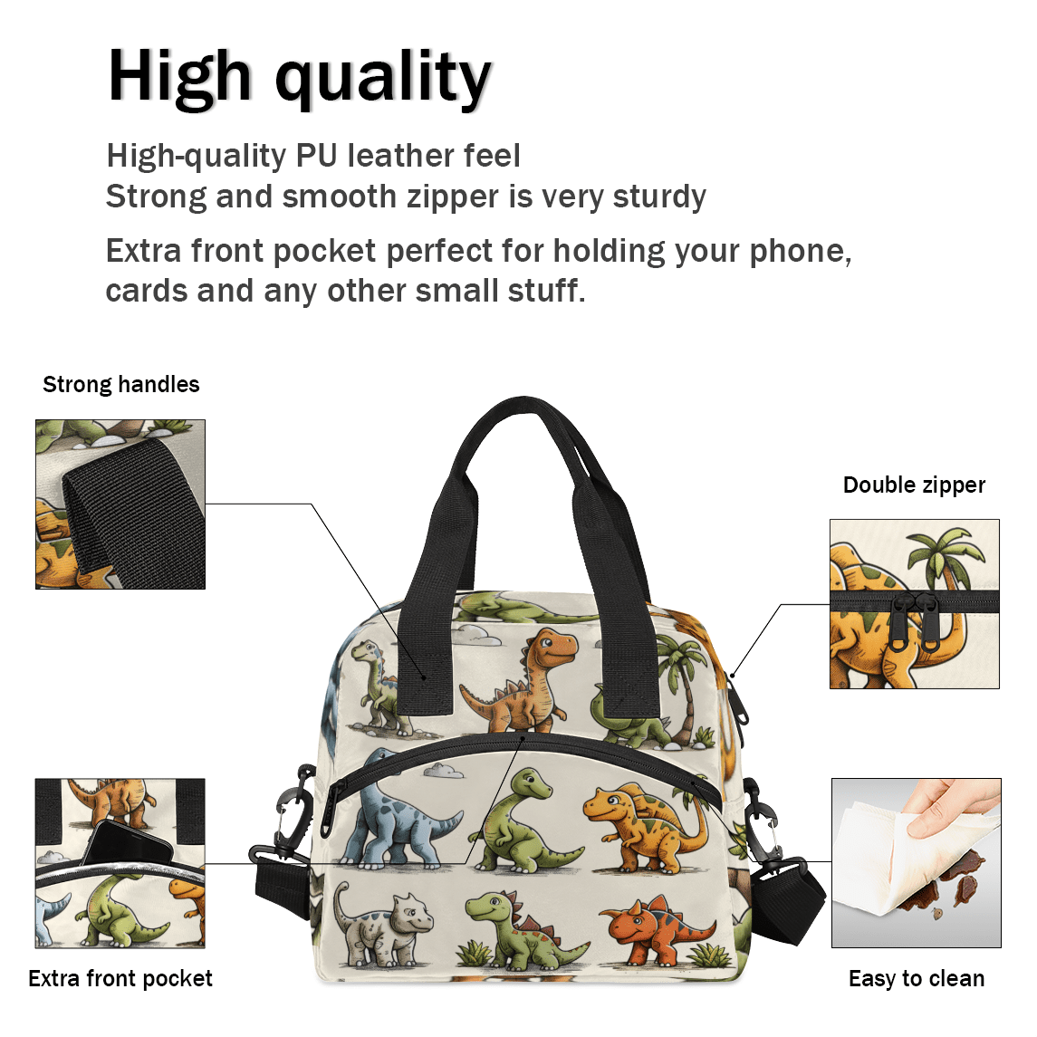 Herdesigns Cartoon Dinosaur Insulated Lunch Bag for Women Men Adults Large Reusable Lunch Box Funny Annimal Leakproof Cooler Tote Bags with Adjustable Shoulder Strap