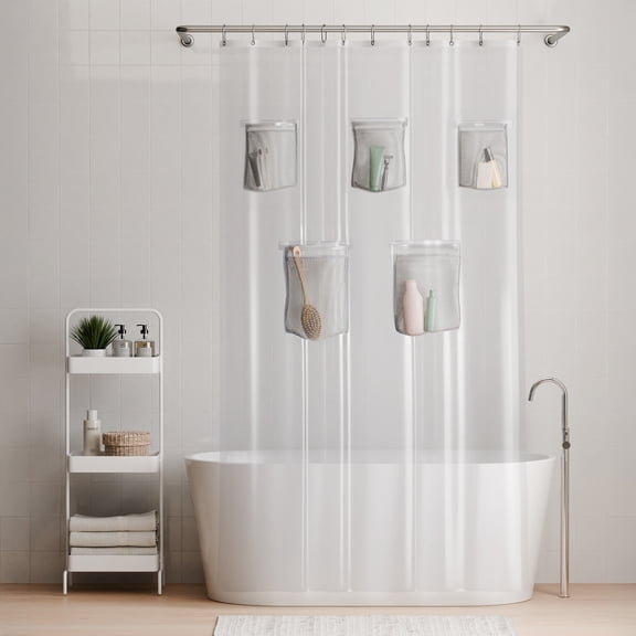 Rubbermaid Clear Heavyweight Waterproof PEVA Shower Curtain Liner with Storage Pockets, BPA-Free, 70 x 72 Inches