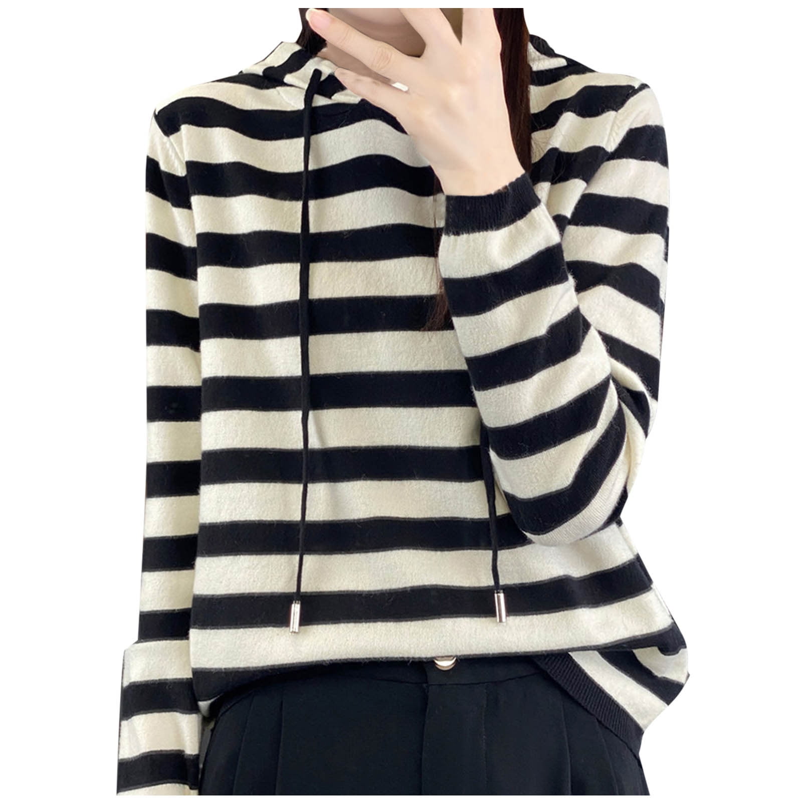 BUIgtTklOP Women's Casual Hooded Striped Print Sweaters Fashion Loose Long Sleeve Pullover Hoodies Fall Dressy Tunic Tops