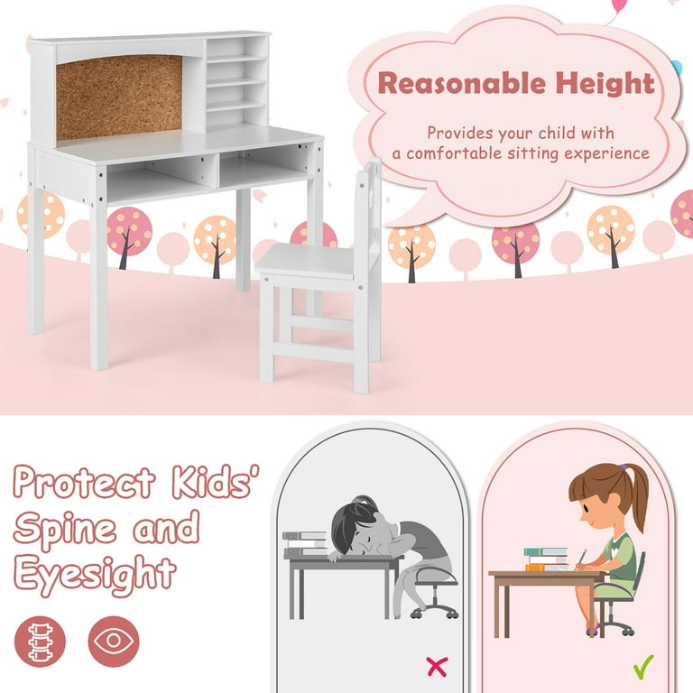 Costway Kids Desk and Chair Set Study Writing Workstation with Hutch &  Bulletin Board Pink