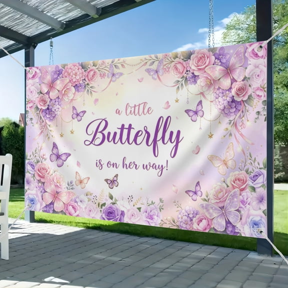 Butterfly Baby Shower Decorations Banner for Girls A Little Butterfly is On Her Way Photo Backdrop Princess Baby Shower Banner Party Photo Booth Props 51*59IN