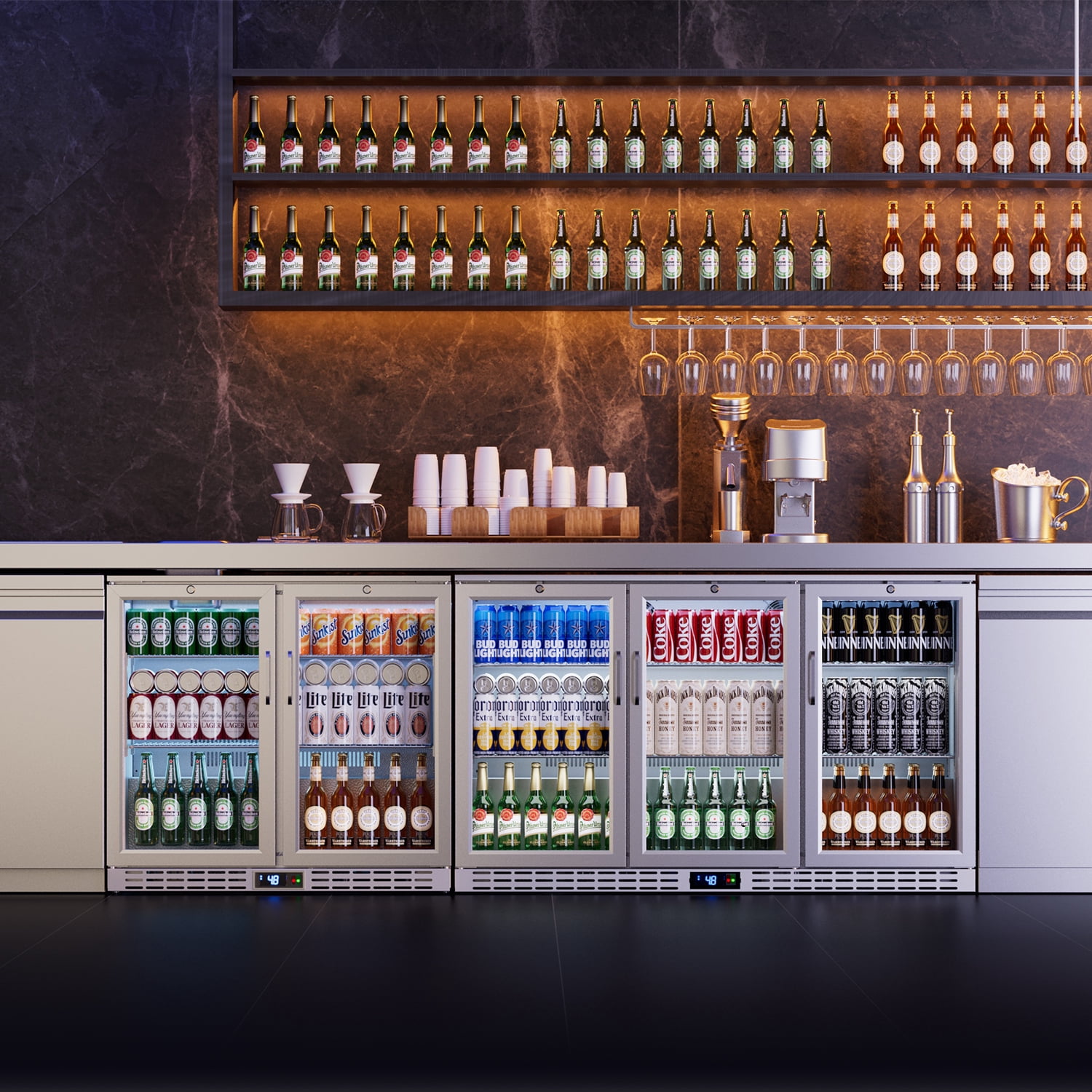 Coolake 53 inch 11.7 cu.ft Back Bar Cooler Commercial Counter Height Beverage Refrigerator with 3 Glass Doors & LED Lighting, 115v