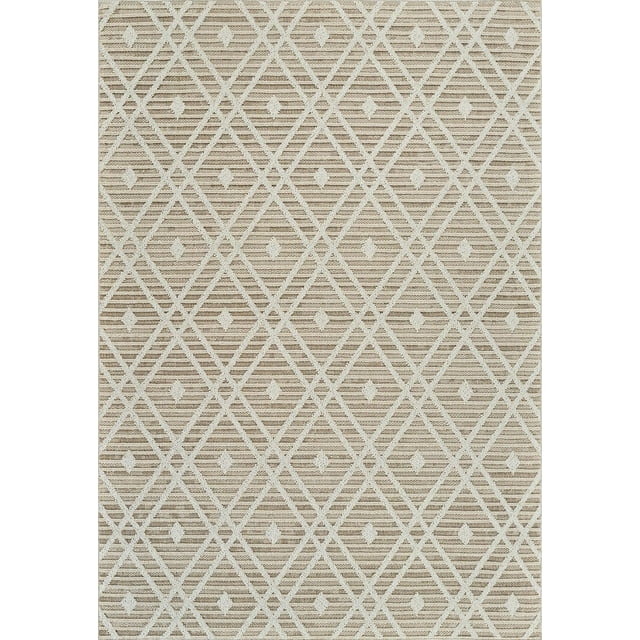 Abstract indoor outdoor area rug in brown and cream featuring a modern geometric diamond design suitable for living room, bedroom, dining room, or kitchen.