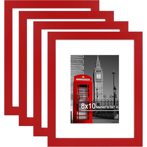 8x10 Picture Frame (4 Pack, Red) Made of Real Glass and Wooden Frame - Display Pictures 5x7 with Mat or 8x10 Without Mat, 8 by 10 Photo Frames TableTop Display and Wall Mounting