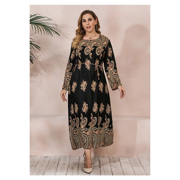 Women's Plus Size Elegant Loose Print Ethnic Round Neck Long Dress
