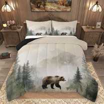 Manfei Wildlife Bear Print Queen Comforter Set, Jungle Pine Tree Plant Bedding Sets, Countryside Animal Reversible Bedding Comforter Set, Lightweight Room Decor, 3 Pieces