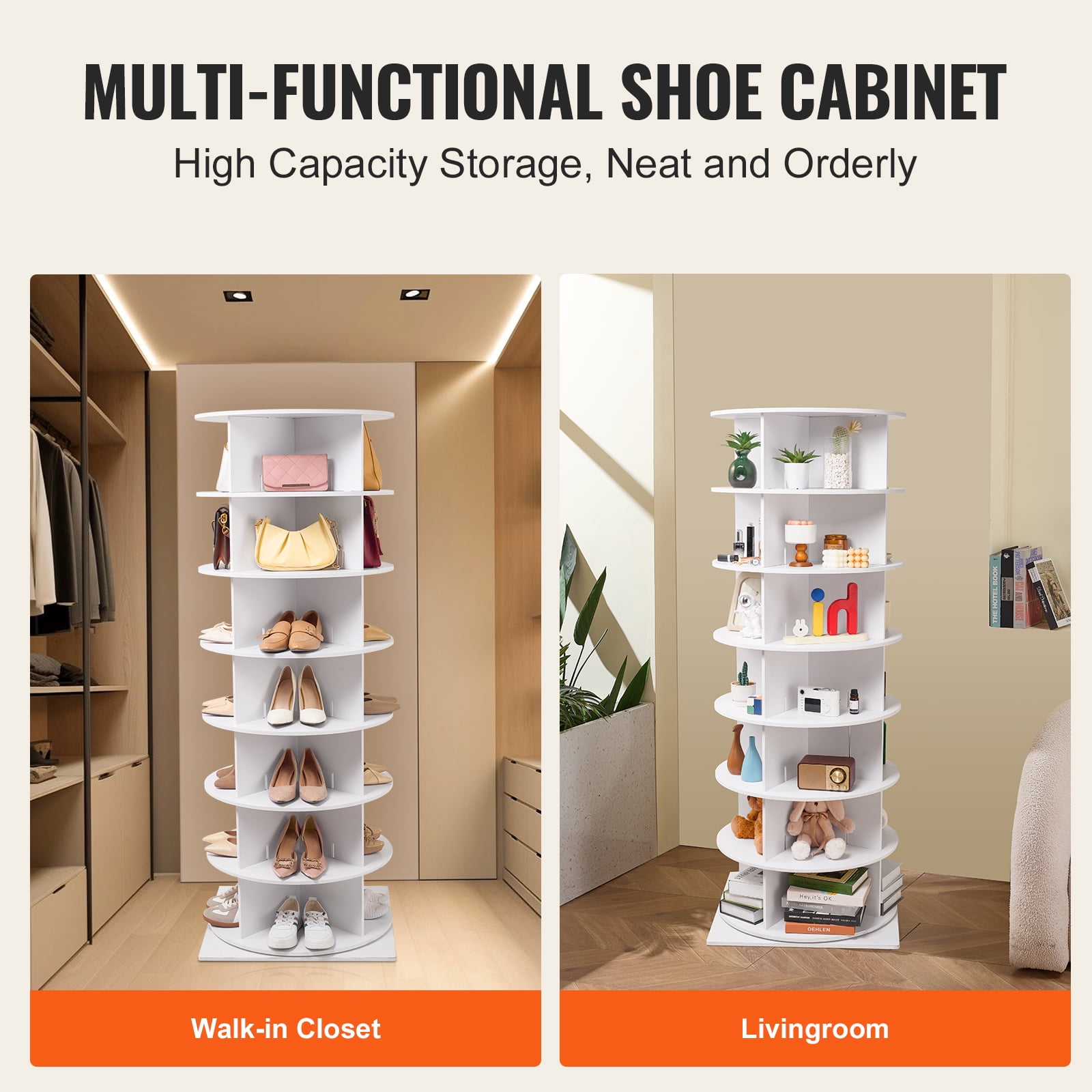 KFFKFF 7-Level Rotating Footwear Storage Tower, 360° Circular Shoe Showcase, Rotational Footwear Storage Carousel, Round Shoe Organizer with Stand for Bedroom, Living Room, Foyer, in White