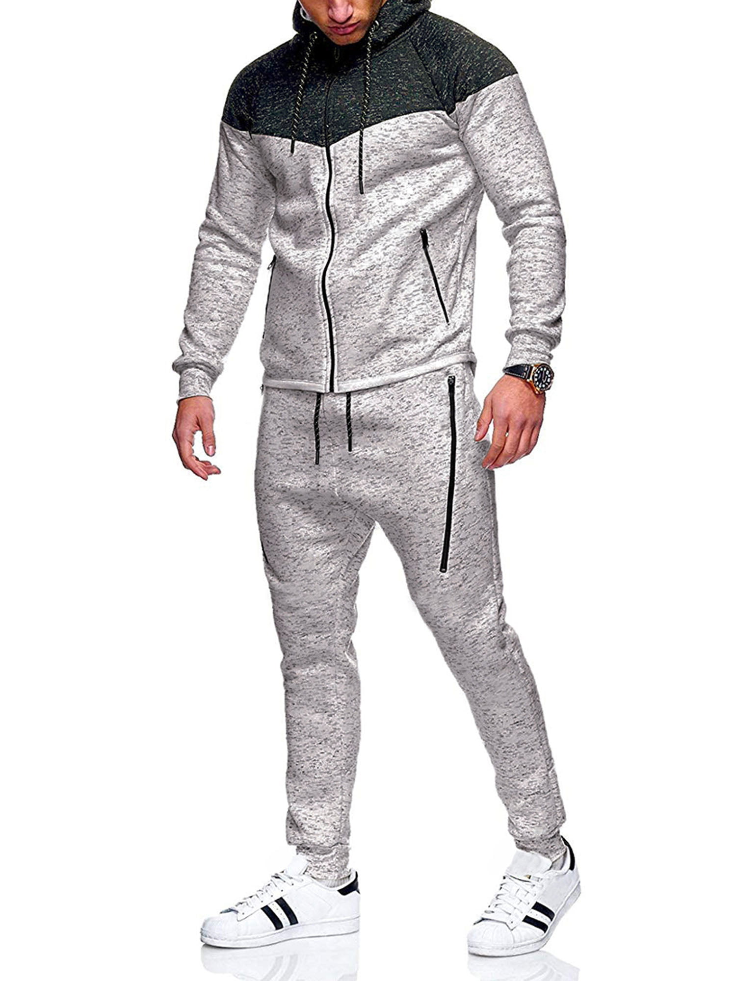 X-Future Men 2 Piece Hooded Thicken Sports Winter Athletic Lined Tracksuit Outfit Set