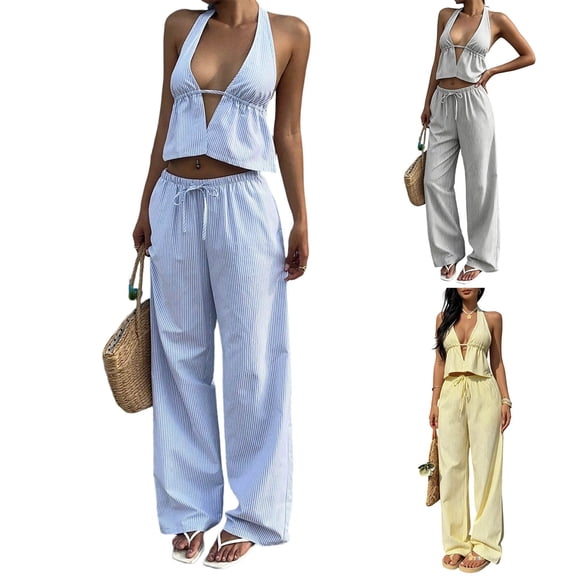 PIWHJQK Women Stripe Tan Tops Set Straight Leg Pant Set Women Striped V Neck Tank Top Straight Pants Set Women Outfits Sets