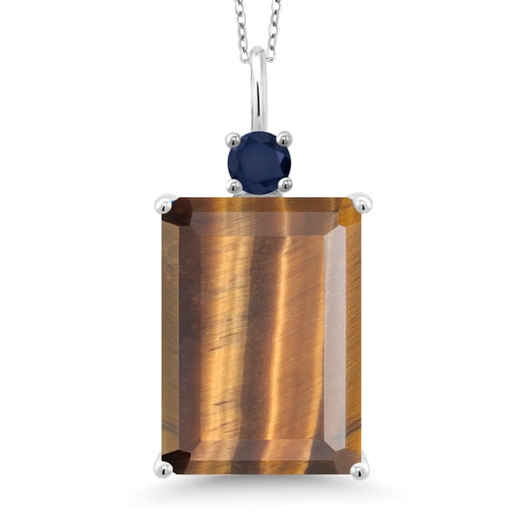 Gem Stone King 925 Sterling Silver Brown Tiger Eye and Blue Sapphire Pendant Necklace for Women (12.35 Cttw, Emerald Cut 18X13MM, With 18 inch Silver Chain)