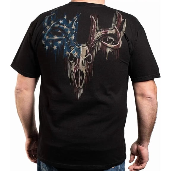 Men's Patriotic American Flag Deer Skull Graphic T-Shirt Black Short Sleeve Hunting Tee