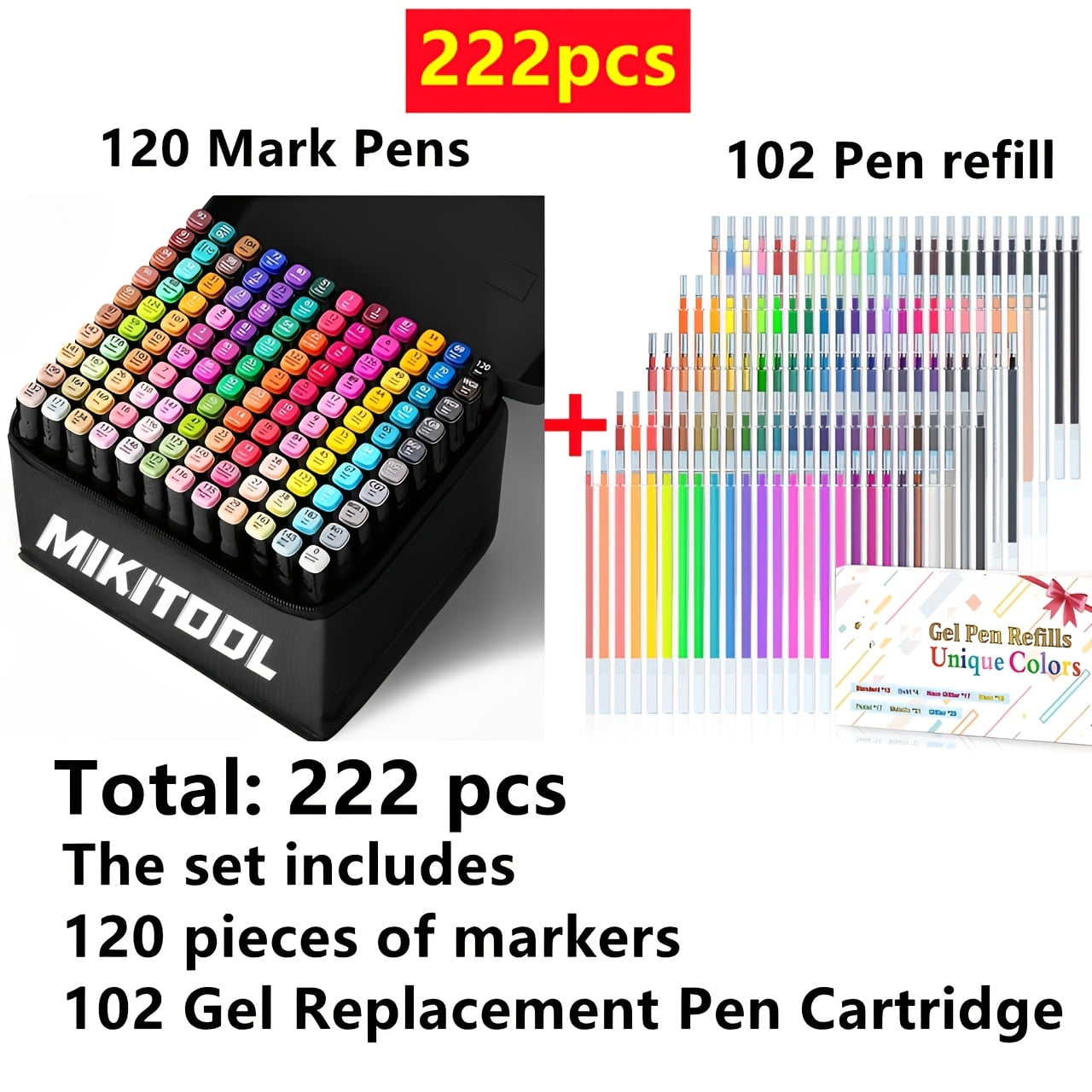 222-Piece Dual Tip Permanent Art Marker Set, 120 Markers + 102 Gel Refills, Drawing, Sketching & Coloring Pens for Artists & Students