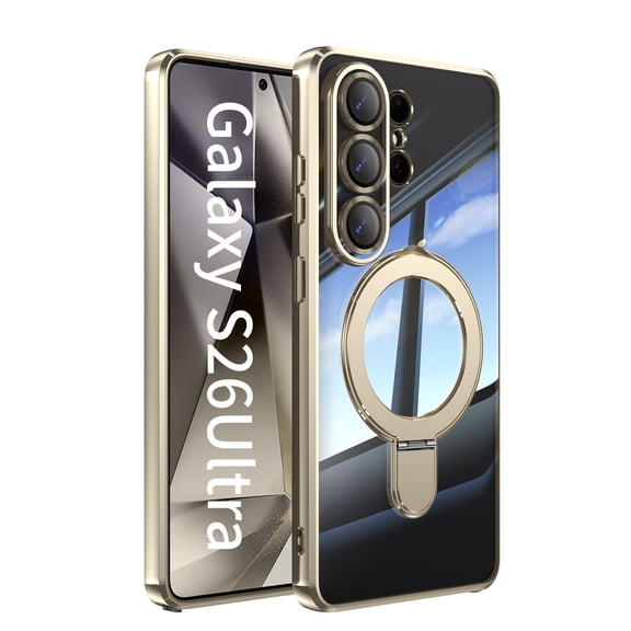 Sanwo for Samsung Galaxy S26 Ultra Case, Magnetic Ring Kickstand Clear TPU Cover with Tempered Glass Lens Protector, Shockproof Slim Protective Design, Gold