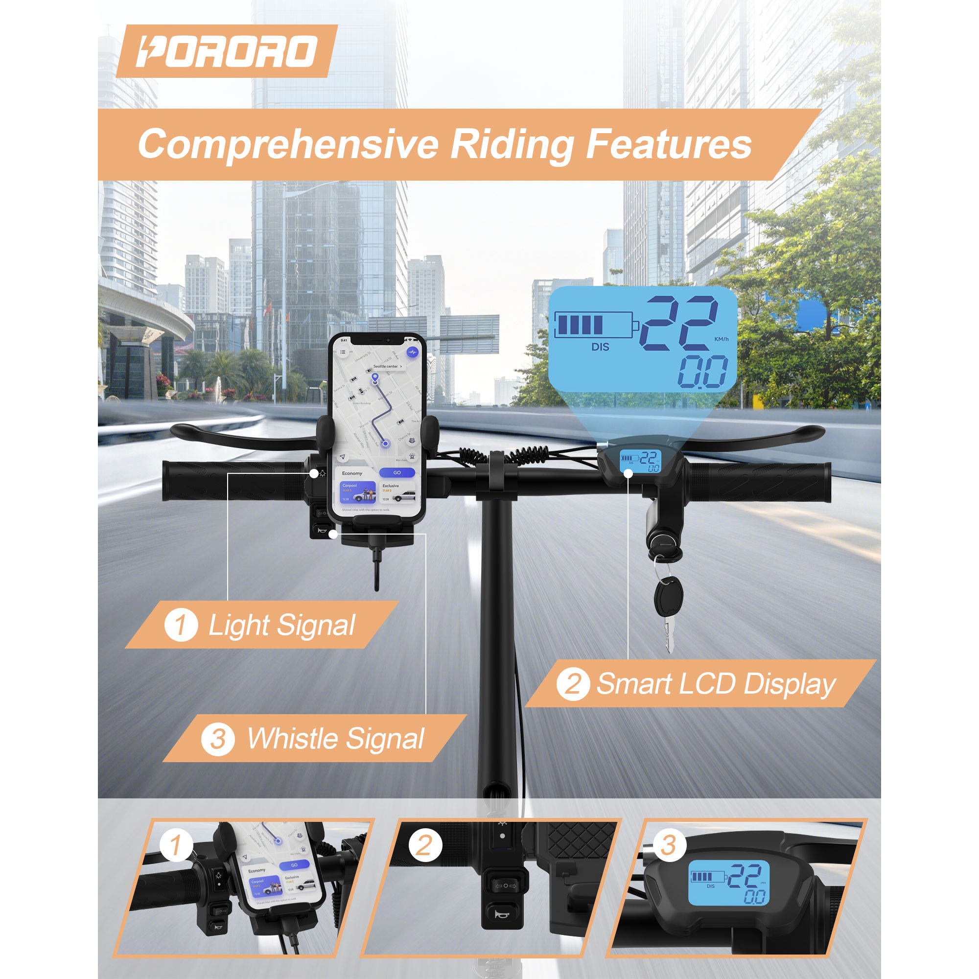 PORORO SLW50 Electric Scooter with Seat for Adults, Max 25 Miles Range with 14" Tires, 500W, 22MPH, Black