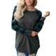 thumbnail image 3 of Camiseta de mujer con cuello redondo, manga larga, empalme a cuadros, camiseta informal, cuadros verdes, S Eigraketly AP000777-03, 3 of 7