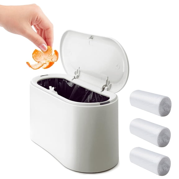 Mini Trash Can with Lid,Small Desk Trash Can,Countertop Mini Garbage Cans,Tiny Waste Basket,White,with 3 roll Bags