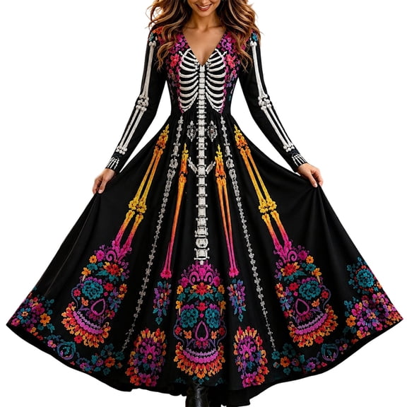 Skeleton Dress Long Sleeve V Neck Maxi Halloween Dresses for Women Spooky Skull Rose Gothic Festival Party Outfit