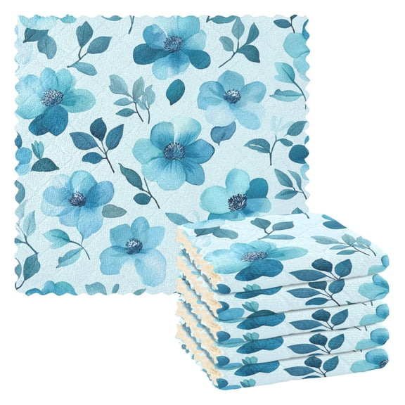 6 Pieces of Kitchen Towels 11x11Inch Kitchen Dish Cloths Kitchen Dish Towels Reuseable Cleaning Cloths Cartoon Teal Flowers