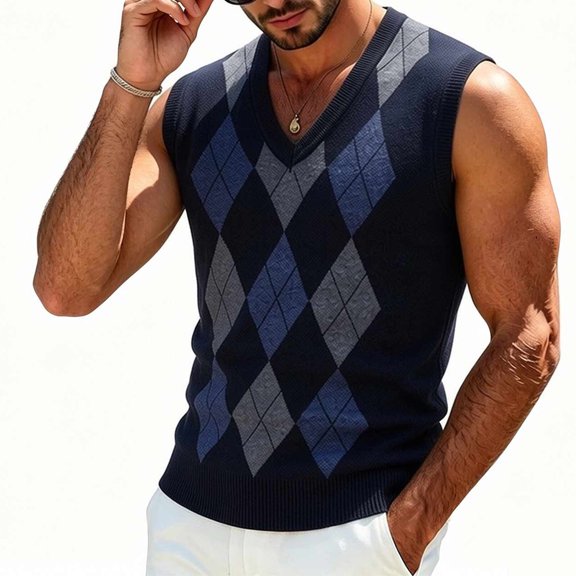 Baeitkot Men's V-Neck Sleeveless Top Men's Colorblock V-Neck Sleeveless Knit Sweater Casual Layering Top Blue Free Size