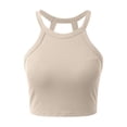thumbnail image 3 of Womens Tank Tops with Built in Bras Stretchy Ribbed Halter Neck Fitted Padded Crop Camisole Tops Longline Bra, 3 of 7