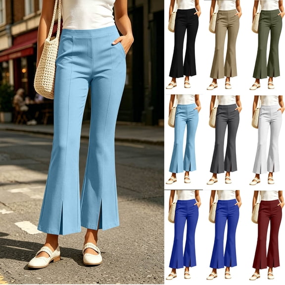 Women's Stretch Flared Pants High Waist Pants with Split Hem Pockets for office White XL(XL)