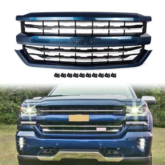 For 2016-2018 Chevy Silverado 1500 Z71 Front Upper Grille Grill Deep Ocean Blue Chrome