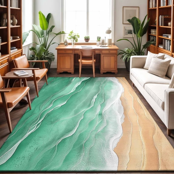Large Area Rugs 6'x9', Green Coastal Beach Carpet Runner Indoor Outdoor Rugs Home Decor Aesthetic, Summer Nautical Ocean Beige Seaside Non Slip Mats Washable Accent Rug for Living Room Bedroom