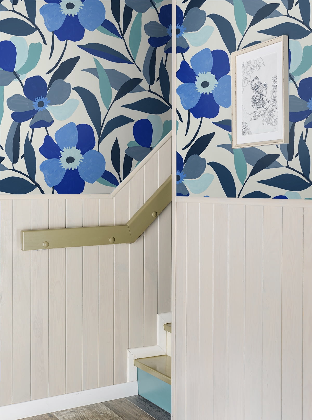 NextWall Cobalt Blue & Lagoon Garden Block Floral Peel and Stick Wallpaper
