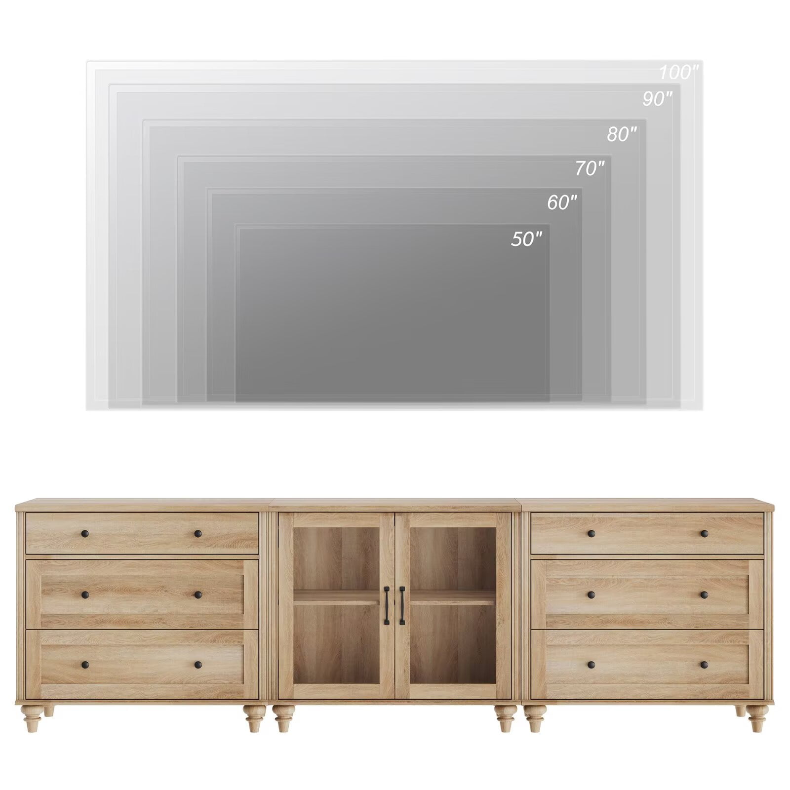 Farmhouse TV Stand, 3-in-1 TV Console Table for 75/80/85/90-Inch TVs, Entertainment Center with Drawer & Glass Door, Oak