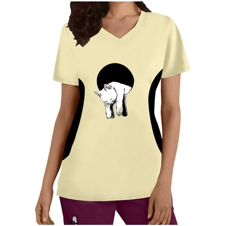 

Women s Casual Loose Cat Lover Scrub_Tops for Pet Shop Summer Tunic Vintage Lady Cute Cat Graphic Pattern Color Block Tees V Neck Nurse Uniform T Shirt Short Sleeve Western Shirts Woman Yellow S