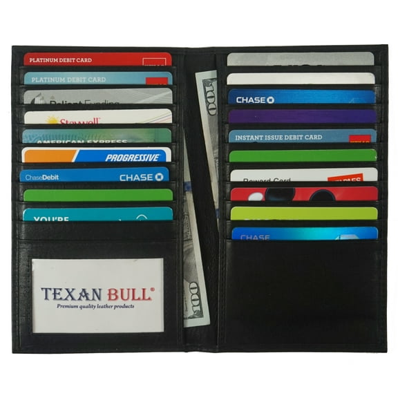Texan Bull Cow Nappa Leather Long Bifold Credit Card Holder Wallet Organizer Black