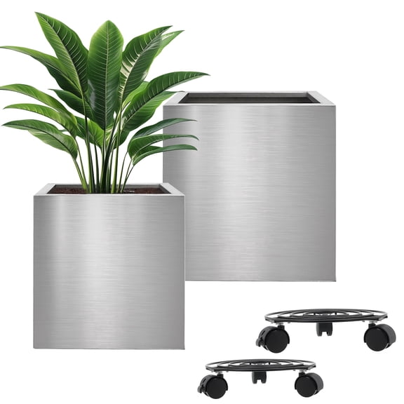 Longrun Stainless Steel Square Flower Pot - 9.8 & 11.8 inch Modern Garden Planter for Indoor & Outdoor Decor Two Packs