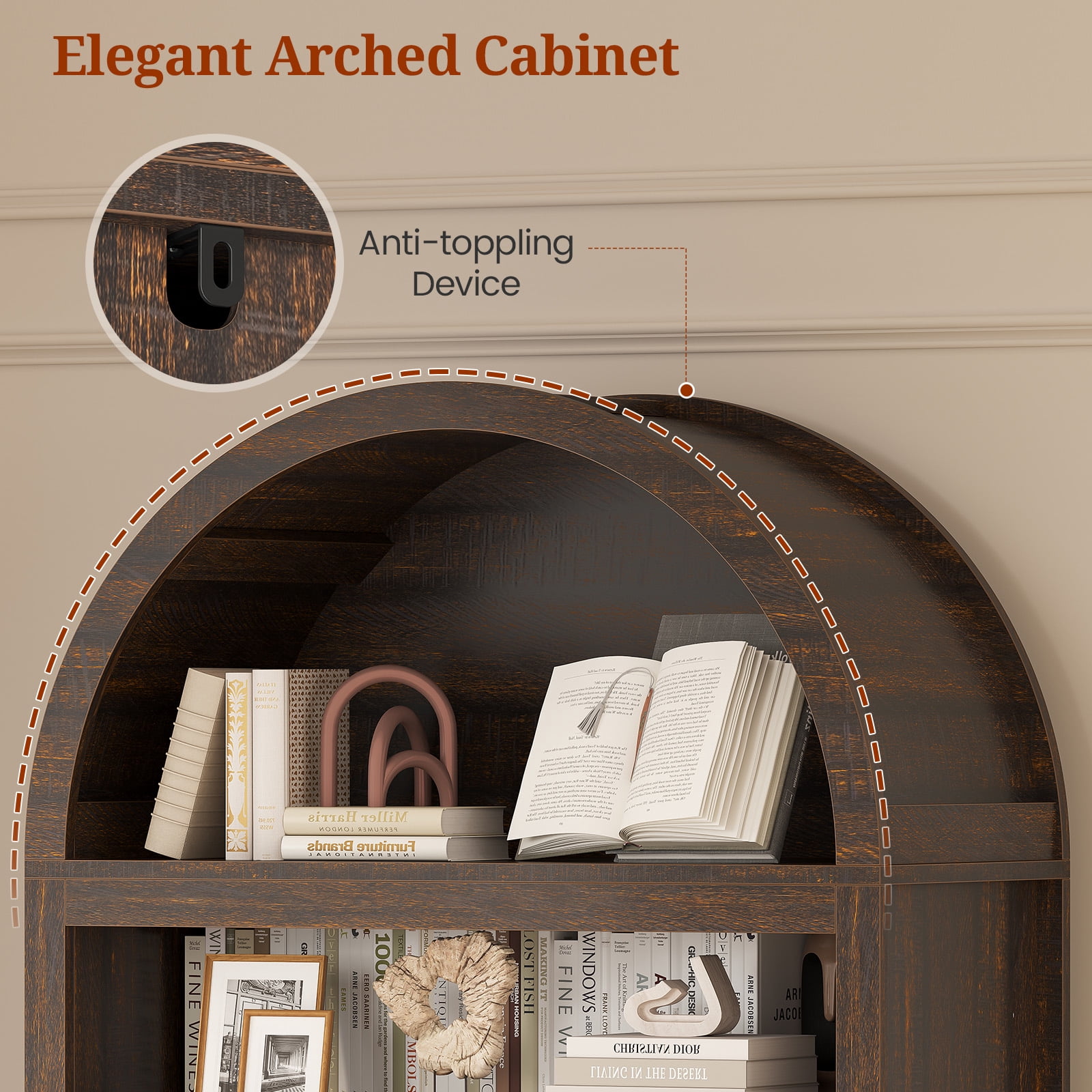 81" Tall Arched Bookshelf, Kitchen Pantry Storage Cabinet, 6-Tier Bookcase with 2 Doors for Living Room, Kitchen, Home Office, Walnut