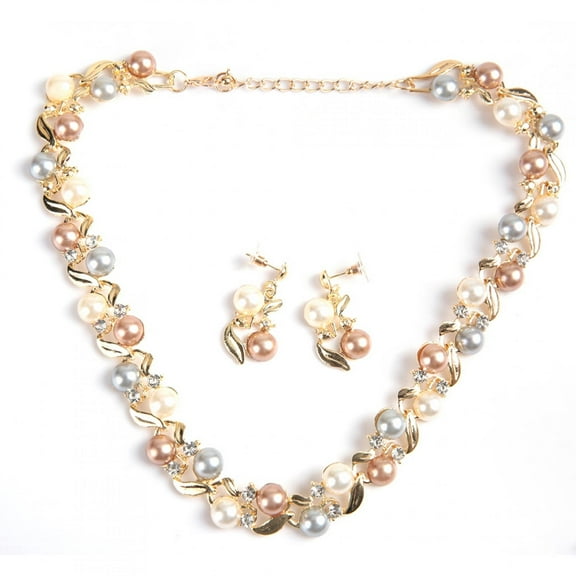 Tebru Alloy Jewelry Set Lady Jewelry Set Women Faux Pearl Necklace Earrings Set Bridal Jewelry Set with Rhinestone Jewelry Gift