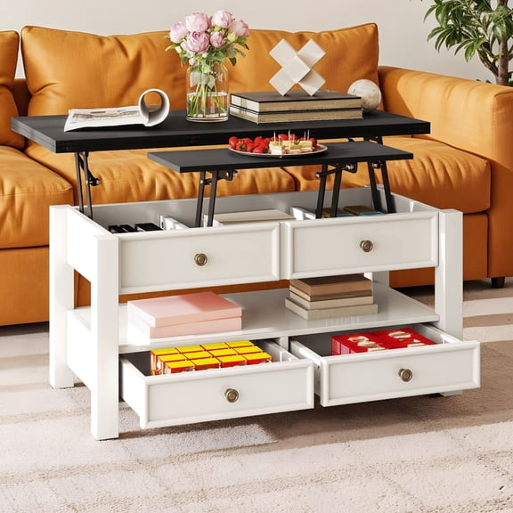 Uforic Tea Table with Lift-Top Design, Hidden Storage & Drawers for Living Room/Home Office, Beige & Black