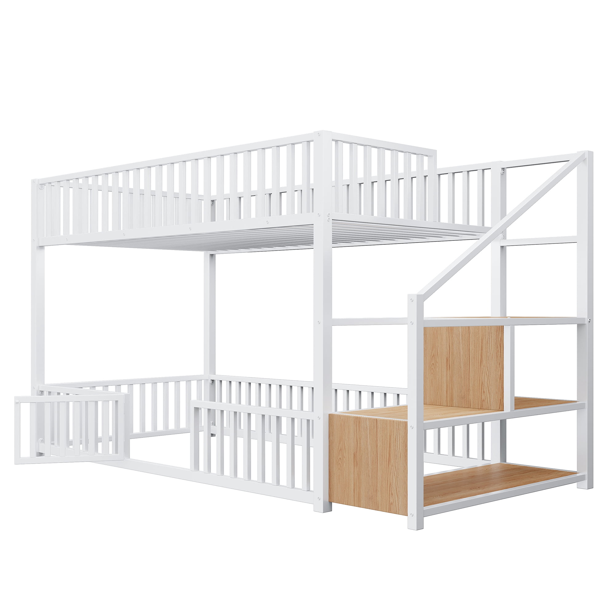 Euroco Metal Twin over Twin Bunk Bed with Staircase and Guardrails, White