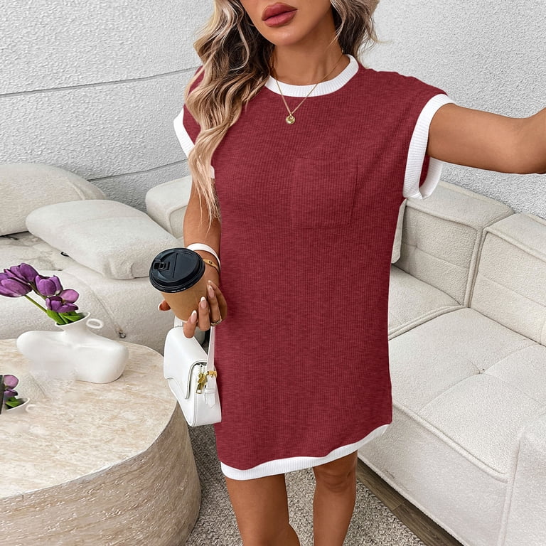 plain ladies dresses Solid Color Round Neck Sleeveless Dress Midi Dress Plain Summer Dresses  Women Vintage Dress Business Dress with Pockets Ruffle Dress Summer Tunic Dress  Ladies Summer Dresses Women's Summer Dresses