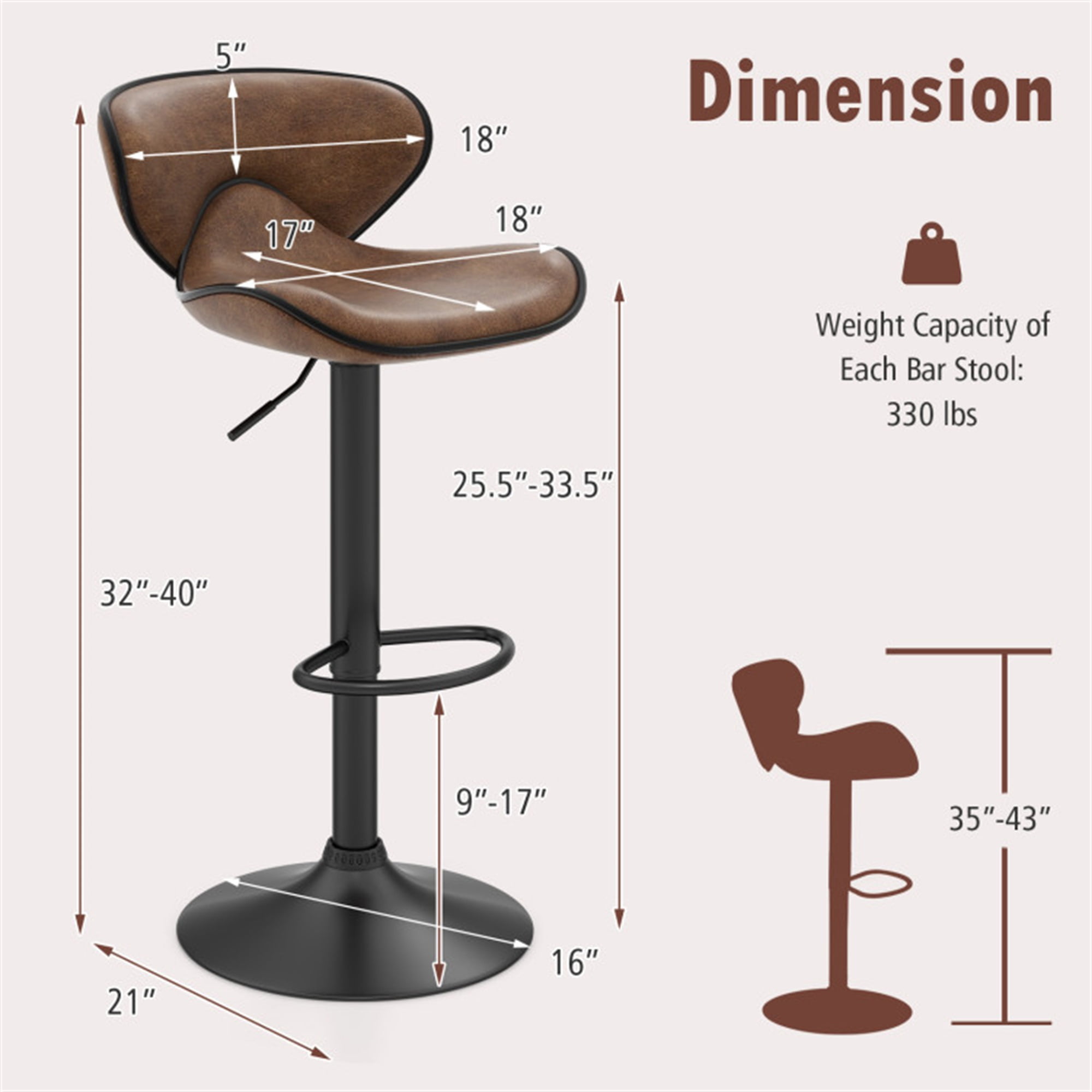 Demi Bonn Set of 2 Adjustable Swivel PU Leather Bar Stools with Curved Footrest, Modern Dining Chair with Backrests, Brown