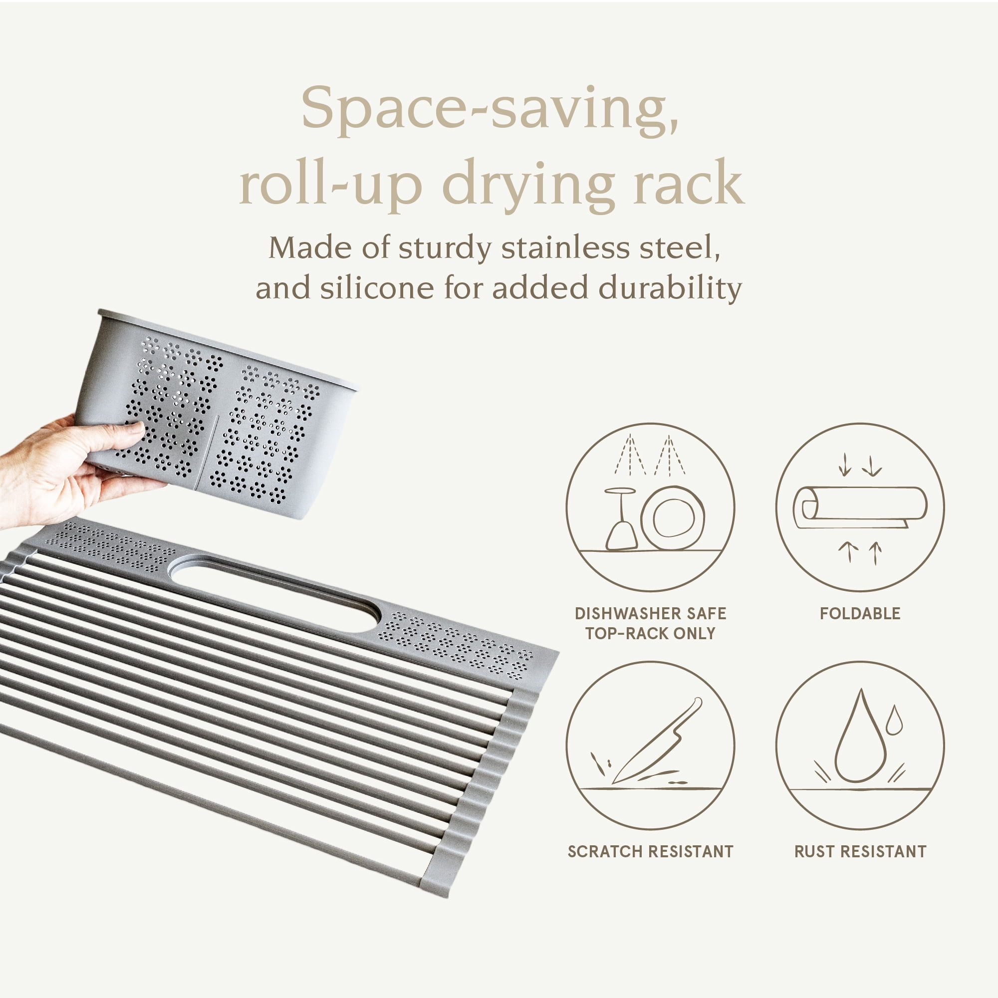 over&back Silicone Sink Drying Rack with Caddy - Foldable Kitchen Countertop Organizer - Fits Sponges, Rags, Dishes, and More