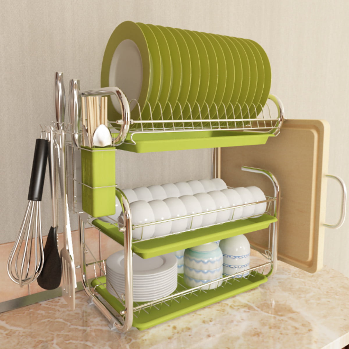 3 Tier Dish Drying Rack w/ 2 Drip Tray Kitchen Organize Cutlery Shelf Drainer US 