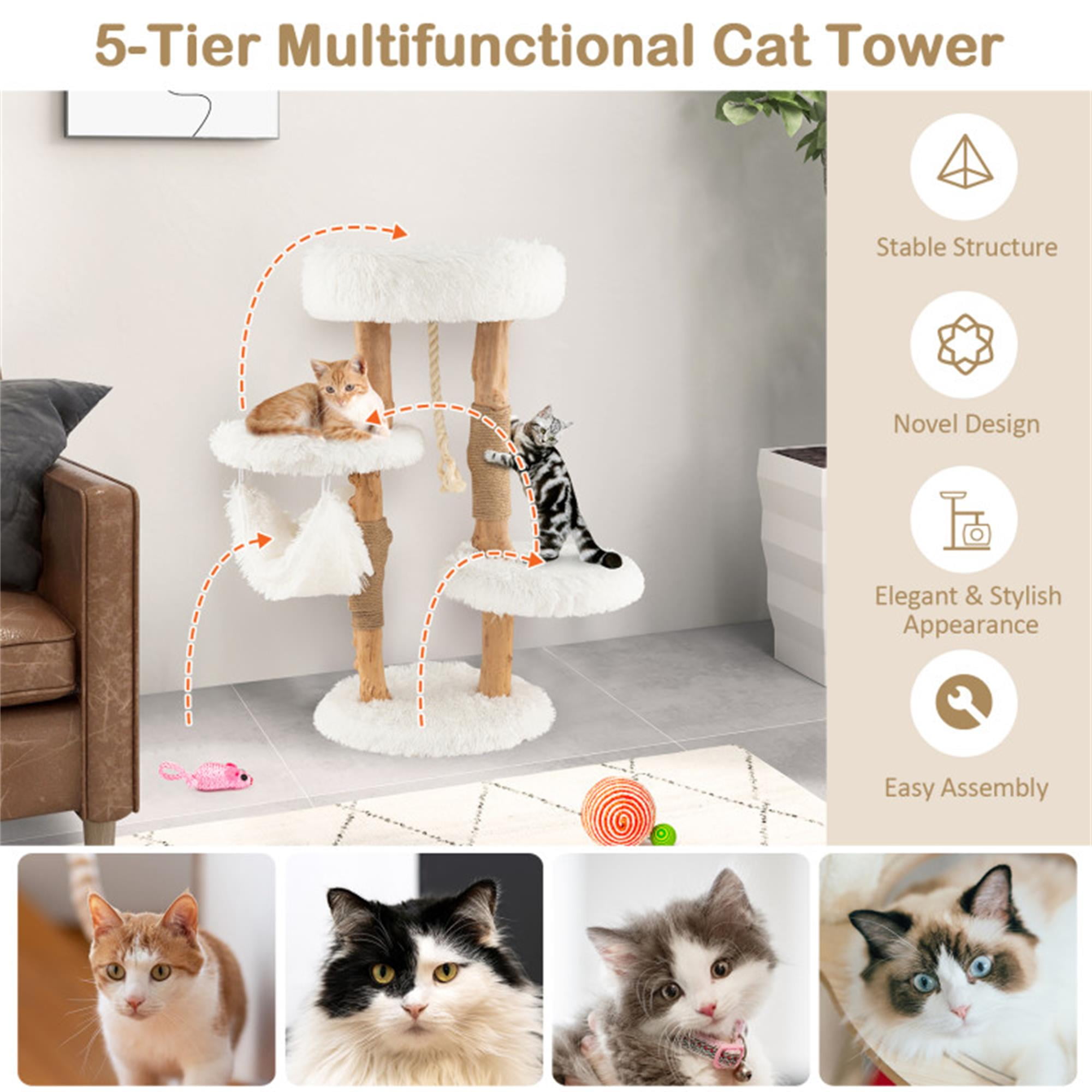 Kadyn 34" Solid Wood Cat Tree Tower for Indoor, Modern Cat Condo with Scratching Post, Cat Climbing Tree House Furniture, White
