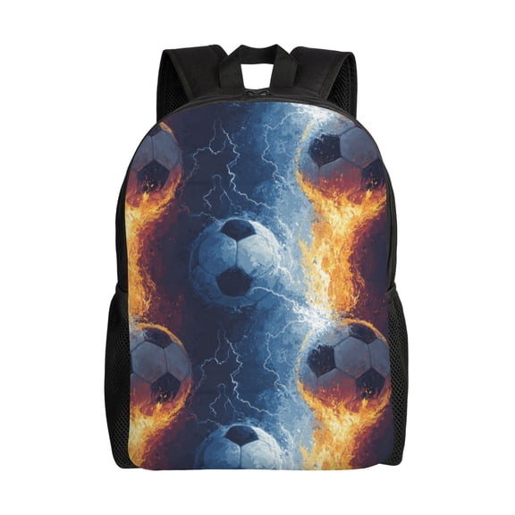 Soccer ball and flames Backpack with 15 Inch Laptop Compartment,Water-Resistant Daypack, Large Capacity Backpack with Adjustable Breathable Shoulder Straps for Daily Use Travel Gym