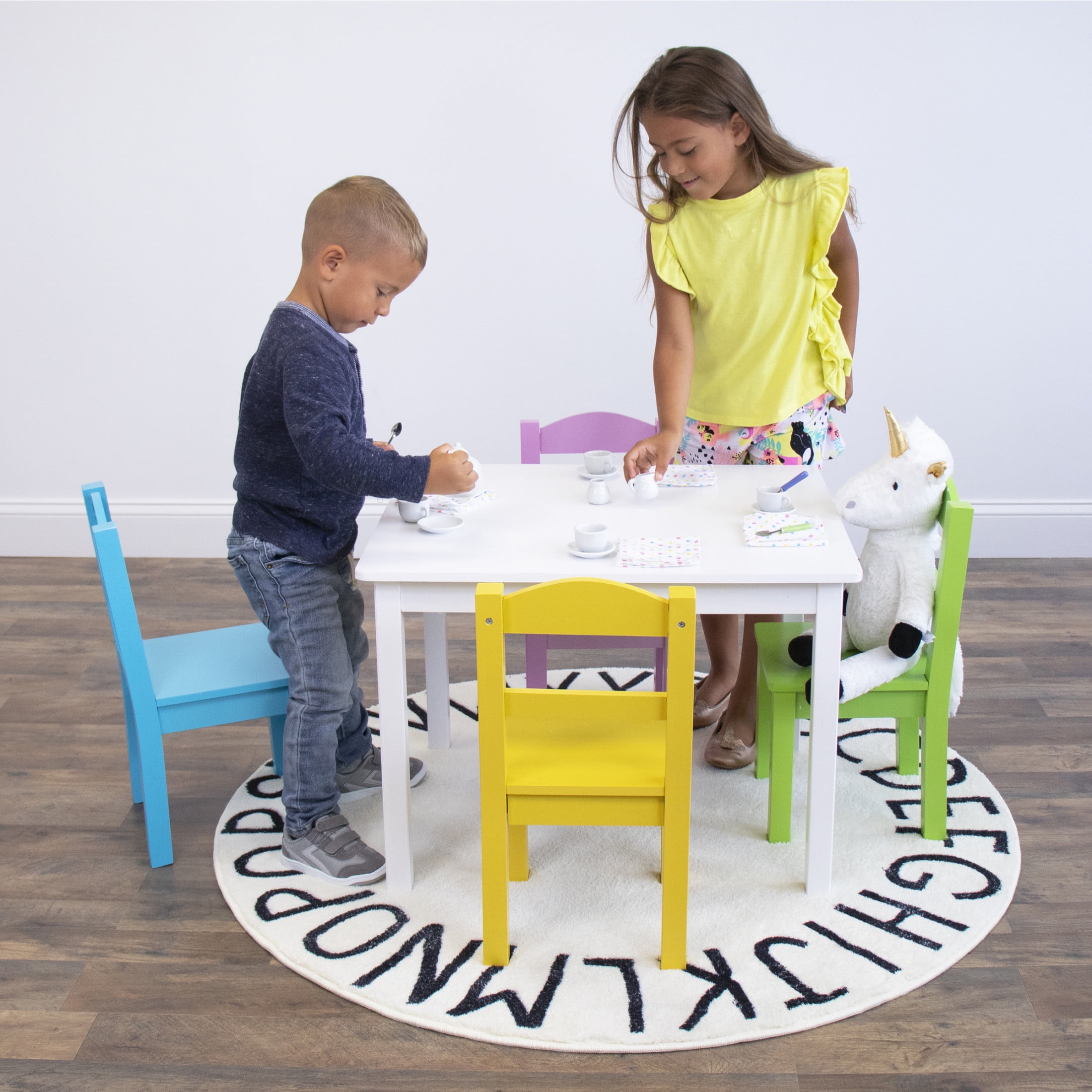 Humble Crew Pastel Kids 5-Piece Storage Outdoor Activity Table and Chair Set, White/Pink/Blue/Green/Yellow
