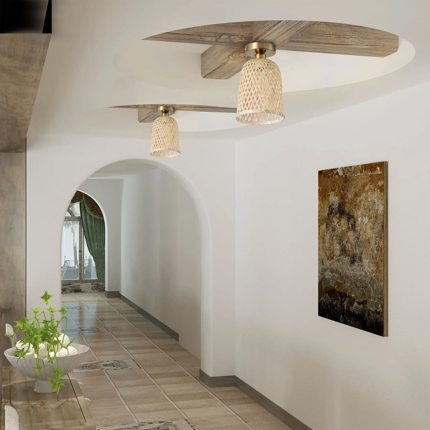 Bamboo Boho Caged Close to Ceiling Light, Farmhouse Vintage Woven Semi Flush Mount Ceiling Light for Hallway Foyer Bedroom Dining Room Kitchen Balcony