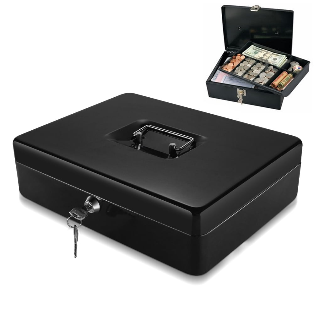 5 Compartment 11.8" Cash Box with Money Tray lock Large Steel  Key Black Tiered 