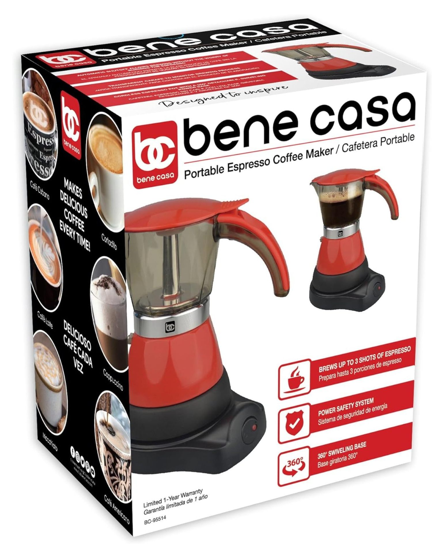YgIRTID - Electric Espresso Maker 1-3 Cup Red, Cafetera Electrica Roja de 3 Tasa Model BC-95514.
