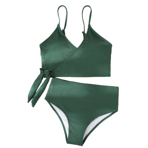 Women's High Waisted Briefs Bikini Set Tie Knot Front Crop Top Spaghetti Straps Two Piece Swimsuits Bathing Suit for Swimming Pool