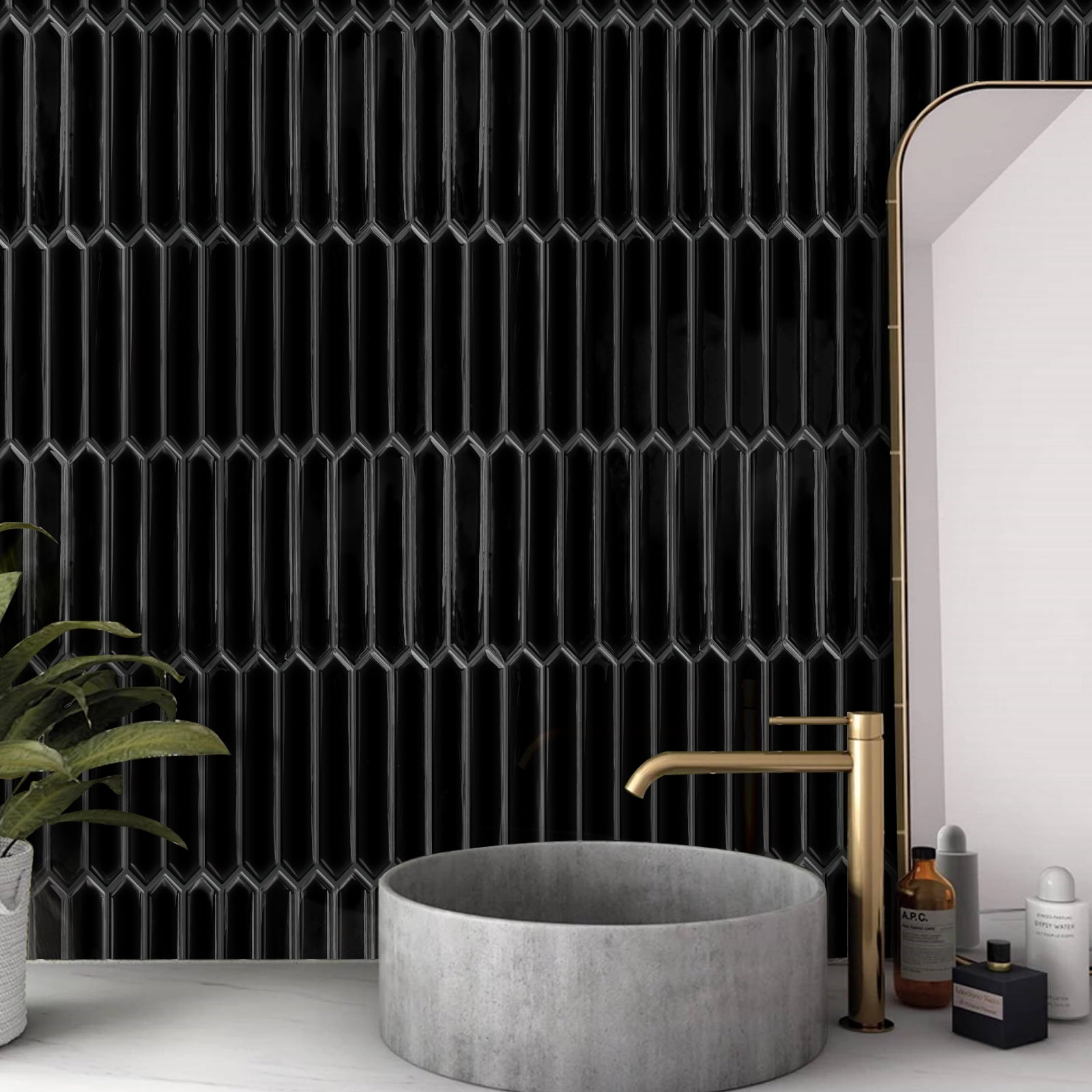 DEWOO Black Long Hexagon Tile Peel and Stick Backsplash, 10 Sheets Self-Adhesive Wall Tiles Stick on Back Splash for Kitchen, Bathroom, Fireplace,RV(12"×12")