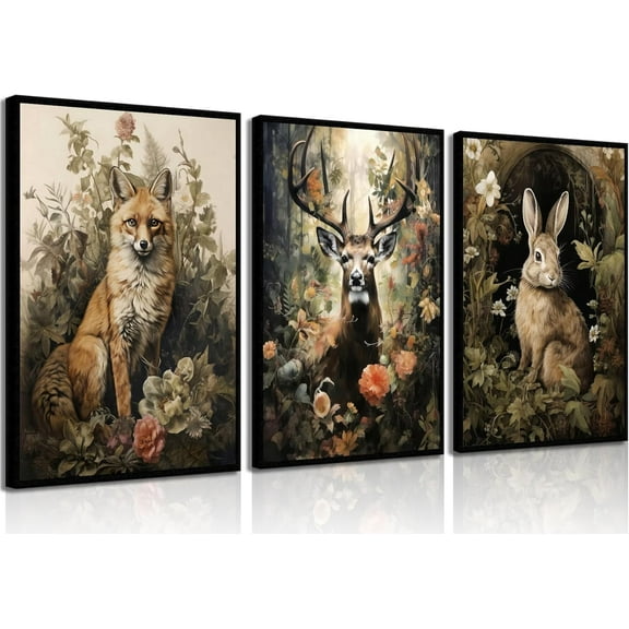 Vintage Forest Animal Canvas Wall Art Wild Animal Deer Rabbit Fox Paintings Pictures Dark Academia Wall Decor Gothic Botanical Posters Print Artwork for Living Room Office Decor