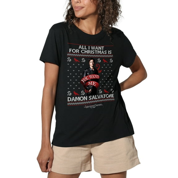 The Vampire Diaries All I Want for Christmas is Damon Salvatore Women's Loose T-Shirt, Black, Large